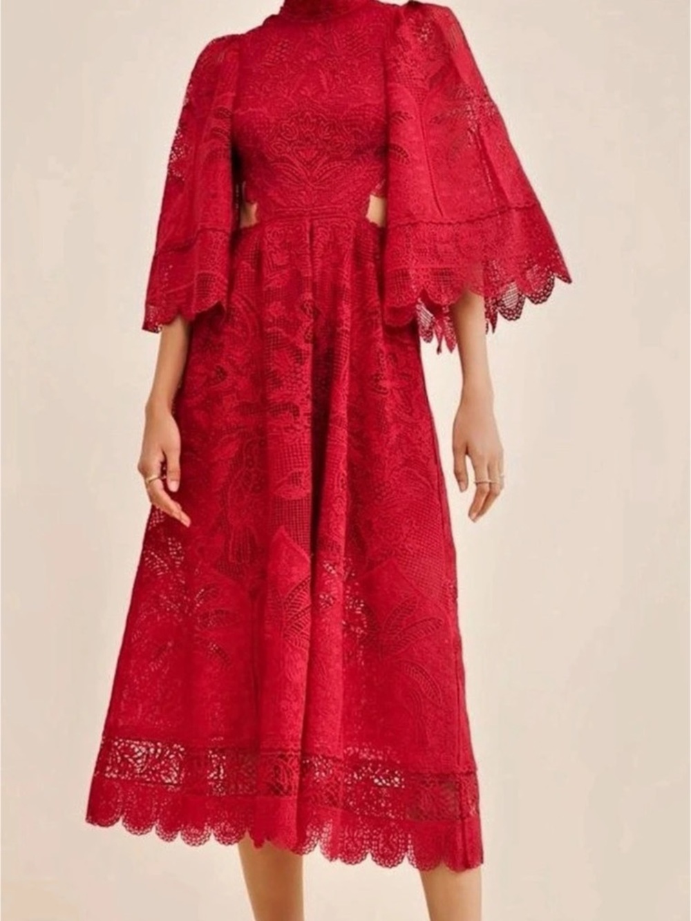 FARM Rio Dark Magenta Guipure Cut Out Midi Dress